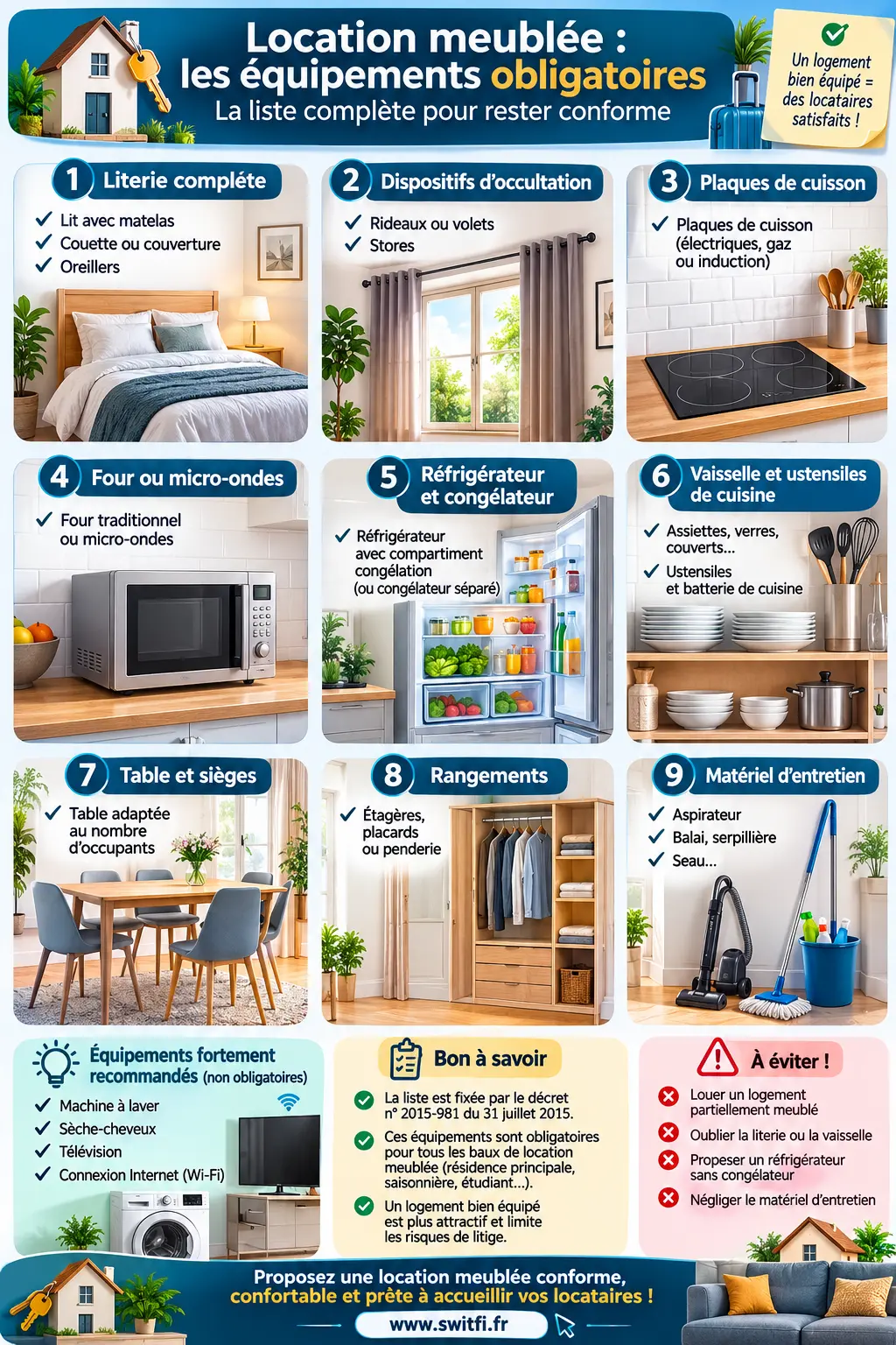 la liste complète de Équipements obligatoires location meublée